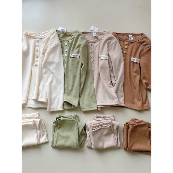 Set bộ thun tăm basic cho bé, bộ thun tăm dài tay mặc thu đông cho bé
