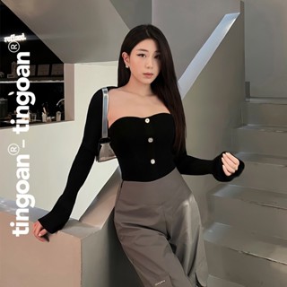 TINGOAN® - Set len áo khoác ôm tay loe phối quây đính cúc dáng ôm dài lửng đen YAO CARDIGAN/BL