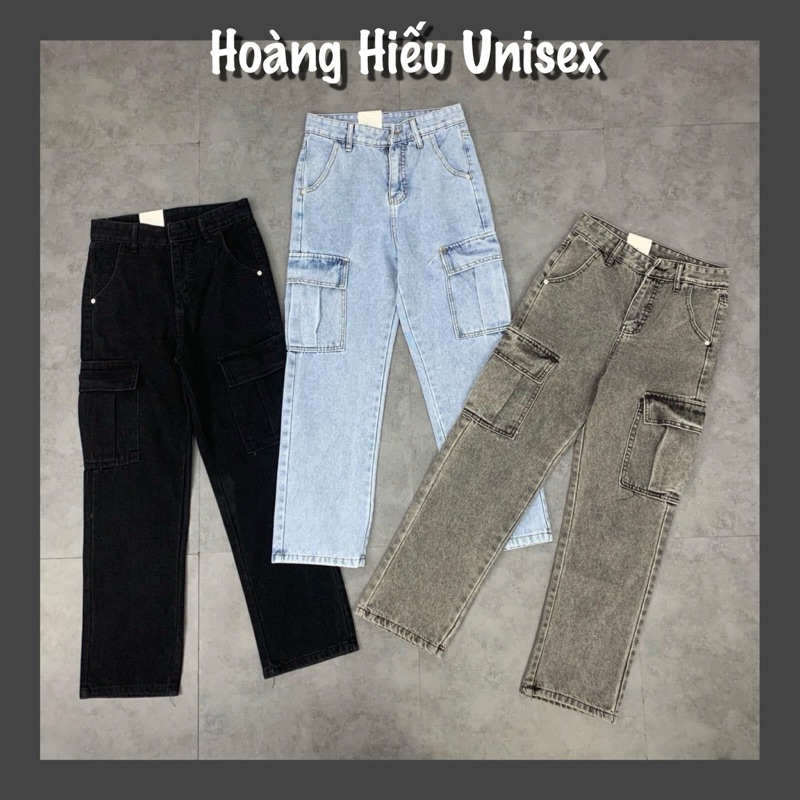 Quần jean ống rộng Hoàng Hiếu Unisex nam nữ phối túi hộp