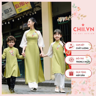 Áo dài tết cách tân cho mẹ và bé thêu hoa cao cấp