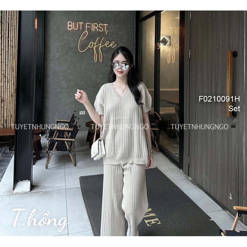Set bộ áo len cổ tim tay ngắn form rộng phối quần ống suông dài cá tính VIENS STORE