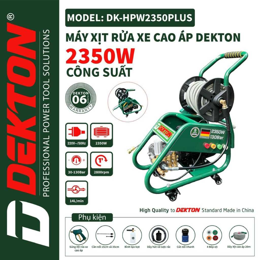 Máy Rửa Xe Áp Lực Cao DEKTON DK-HPW2350PLUS 2350W - Rulo Cuộn Tiện Lợi - Có Tay Đẩy Có Thể Tháo Rời 