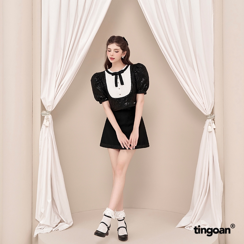 TINGOAN® - Áo crop cổ tròn lấp lánh đen phối nơ MON CHERI TOP/BL