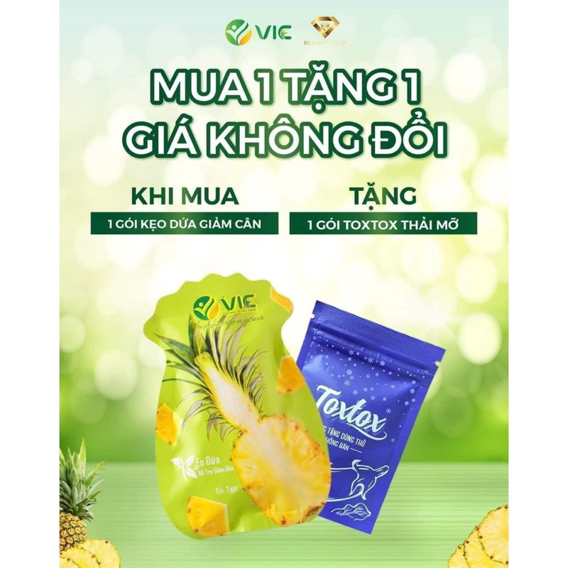 🍍Kẹo Dứa giảm cân- Túi 7 viên- Tặng kèm Toxtox thảo mỡ.🍆
