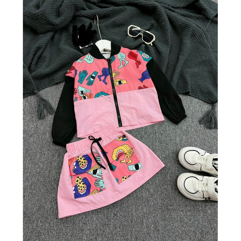 10-28kg set pink pink 3ct cho bé gái, set đồ sành điệu cho bé gái, set đồ thu cá tính cho bé gái, áo gió pink pink cho