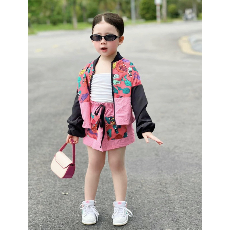 10-28kg set pink pink 3ct cho bé gái, set đồ sành điệu cho bé gái, set đồ thu cá tính cho bé gái, áo gió pink pink cho