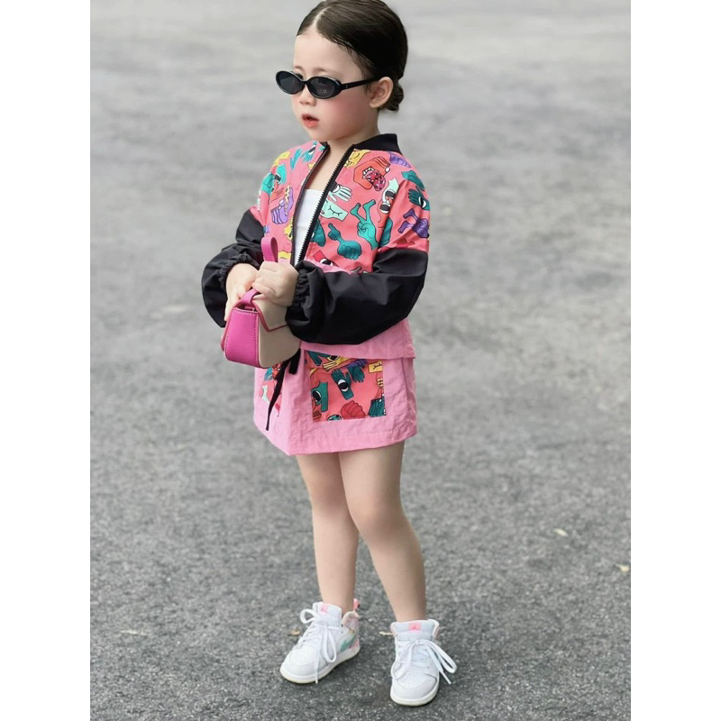 10-28kg set pink pink 3ct cho bé gái, set đồ sành điệu cho bé gái, set đồ thu cá tính cho bé gái, áo gió pink pink cho