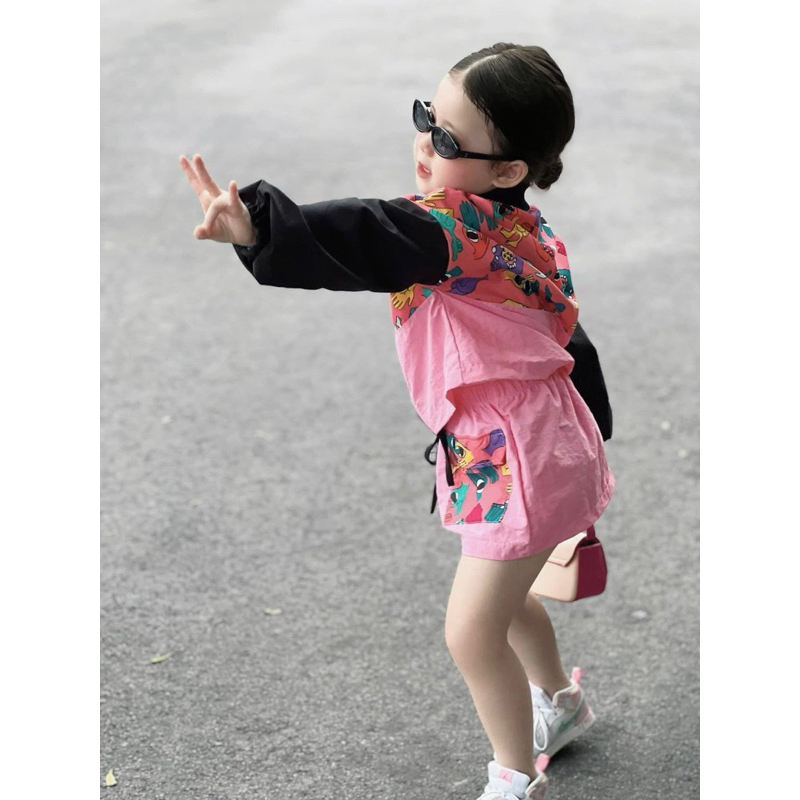 10-28kg set pink pink 3ct cho bé gái, set đồ sành điệu cho bé gái, set đồ thu cá tính cho bé gái, áo gió pink pink cho