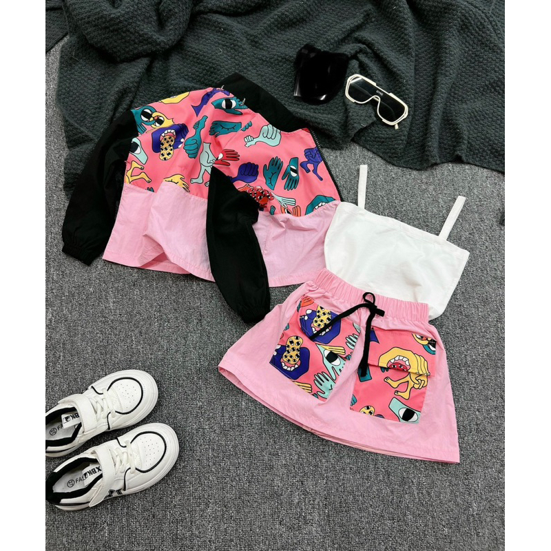 10-28kg set pink pink 3ct cho bé gái, set đồ sành điệu cho bé gái, set đồ thu cá tính cho bé gái, áo gió pink pink cho