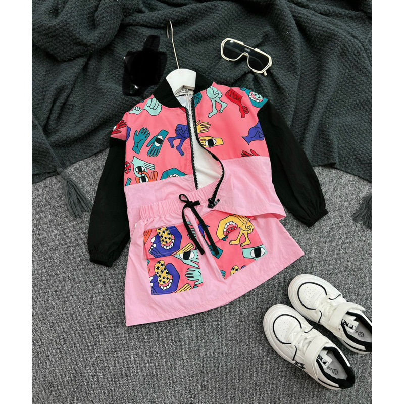 10-28kg set pink pink 3ct cho bé gái, set đồ sành điệu cho bé gái, set đồ thu cá tính cho bé gái, áo gió pink pink cho