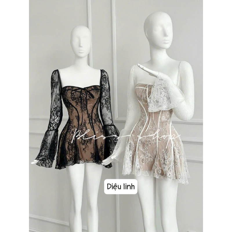 Váy ren nữ phối tay loe mix đồ gợi cảm