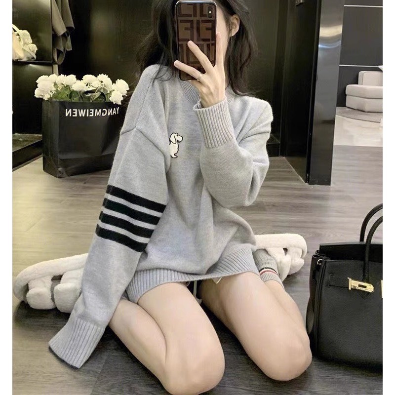 Áo Len , Áo Sweater Nam Nữ Thêu Logo Chó Có Sọc Kẻ Tay - Chất Liệu Len Dày Dặn