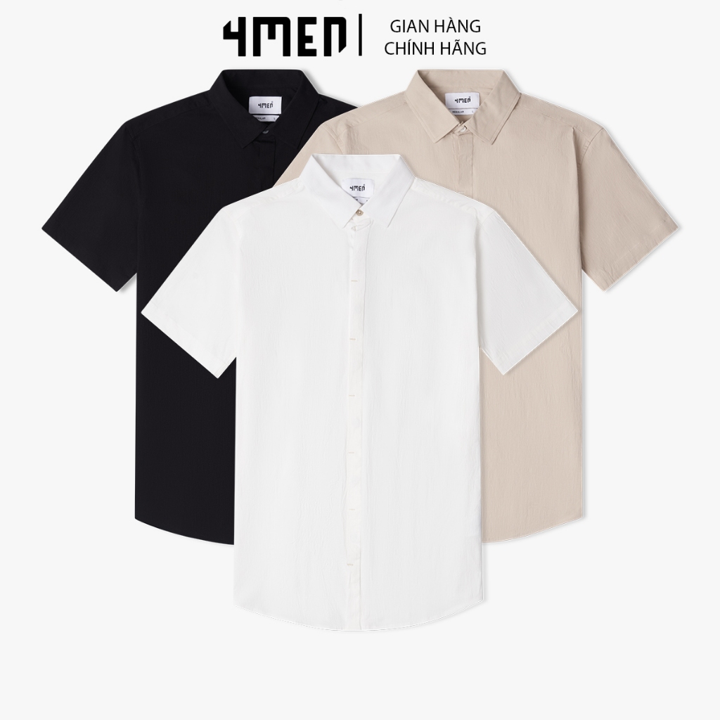 Áo sơ mi nam tay ngắn 4MEN SM138 kiểu dáng nẹp nút, đánh bọ trang trí, form regular, vải cotton mềm mịn, co giãn
