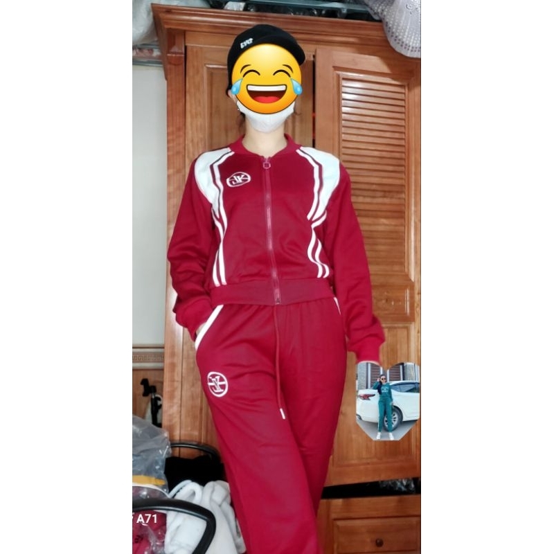 Có đỏ đen Sét bộ thể thao nữ nỉ xốp bomber kéo khóa nỉ tăm