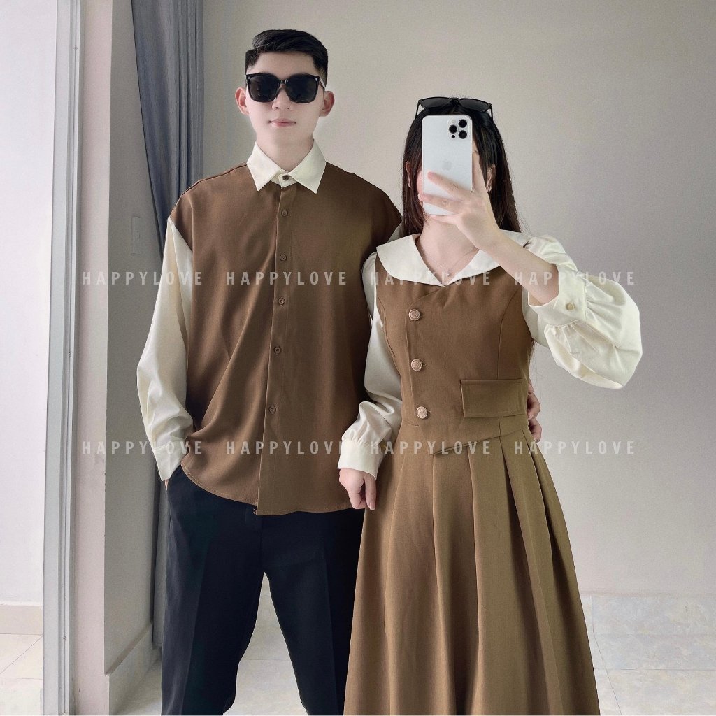 Đồ đôi nam nữ mùa đông dài tay HAPPYLOVE set couple áo nam đầm nữ màu nâu vintage thời trang M121
