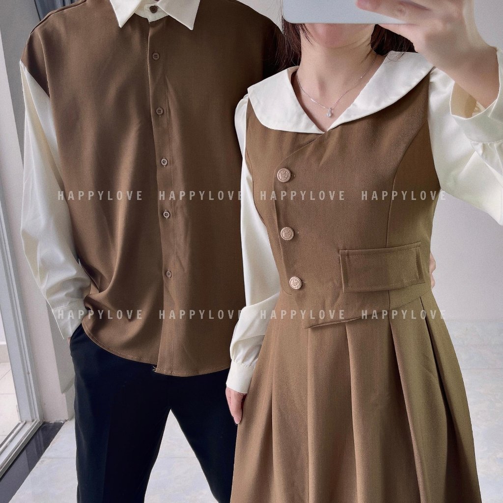 Đồ đôi nam nữ mùa đông dài tay HAPPYLOVE set couple áo nam đầm nữ màu nâu vintage thời trang M121