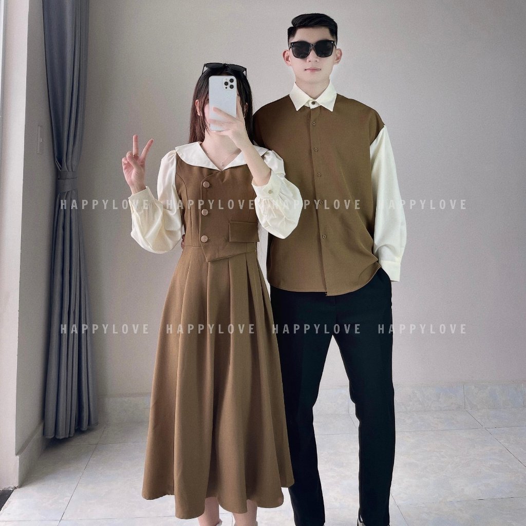 Đồ đôi nam nữ mùa đông dài tay HAPPYLOVE set couple áo nam đầm nữ màu nâu vintage thời trang M121