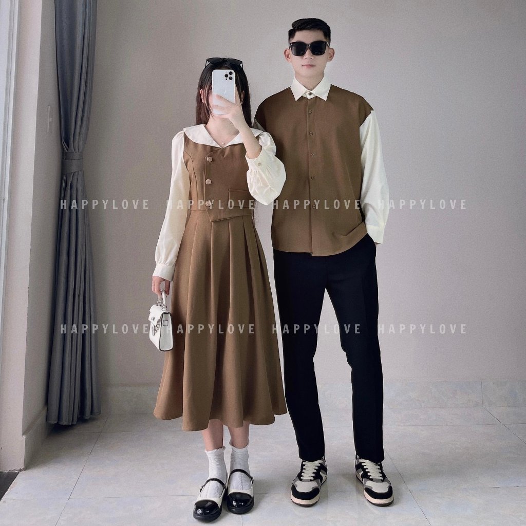 Đồ đôi nam nữ mùa đông dài tay HAPPYLOVE set couple áo nam đầm nữ màu nâu vintage thời trang M121
