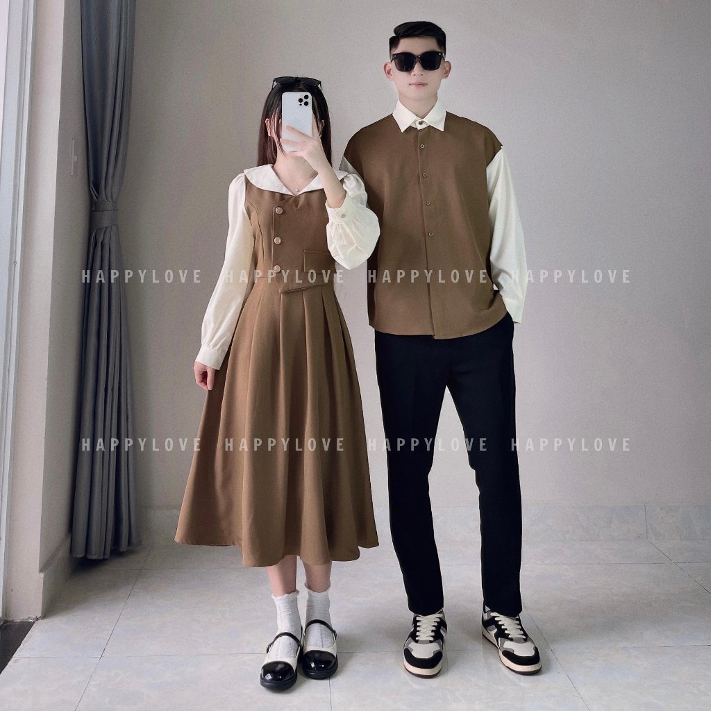 Đồ đôi nam nữ mùa đông dài tay HAPPYLOVE set couple áo nam đầm nữ màu nâu vintage thời trang M121