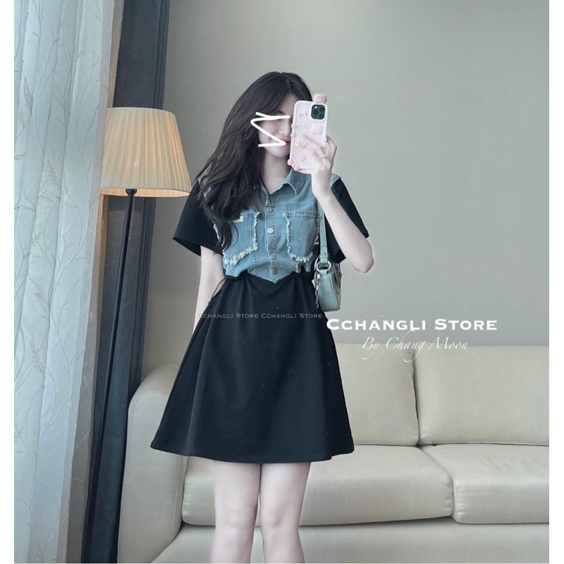 Bigsize Đầm thun suông phối jeans rút eo 55-95kg