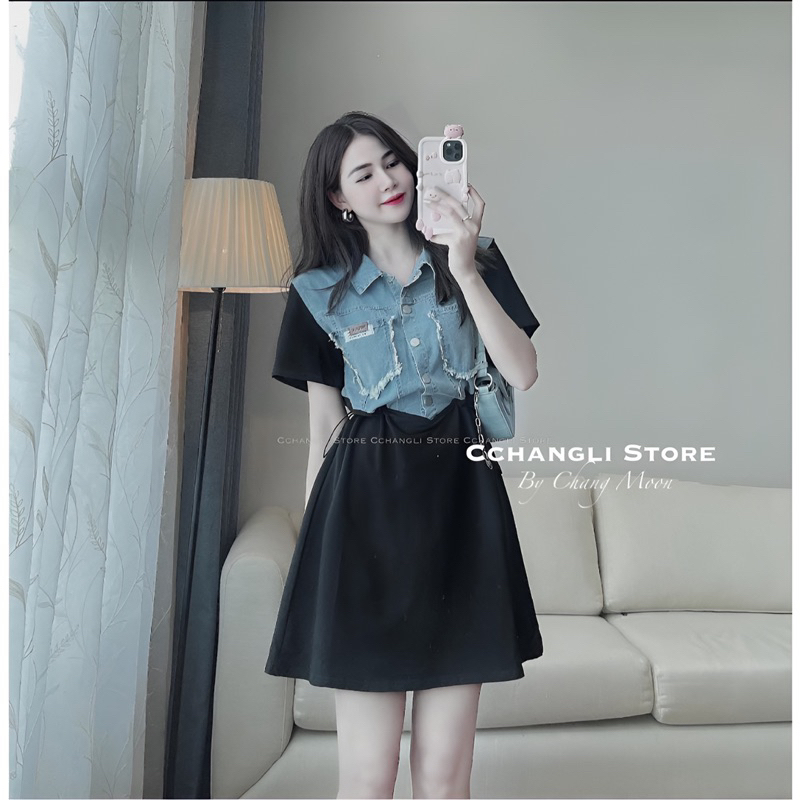 Bigsize Đầm thun suông phối jeans rút eo 55-95kg