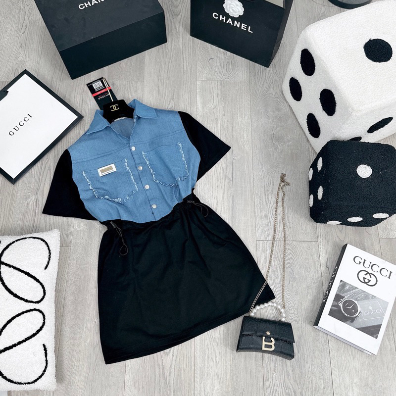 Bigsize Đầm thun suông phối jeans rút eo 55-95kg