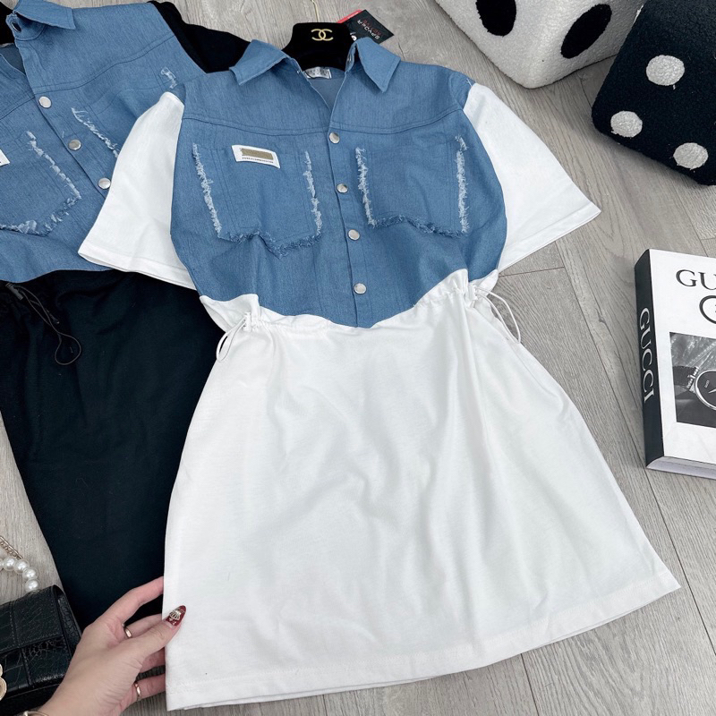 Bigsize Đầm thun suông phối jeans rút eo 55-95kg