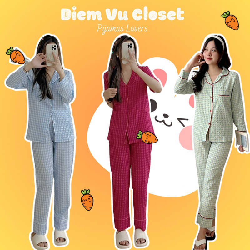 Pijama đũi caro dài, set mặc nhà, đồ ngủ nữ dáng dài