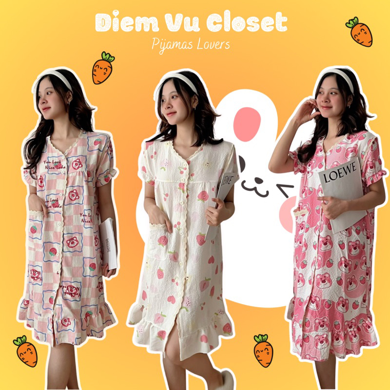 Đầm ngủ thiết kế phối ren tiểu thư chất đũi Thái dày dặn