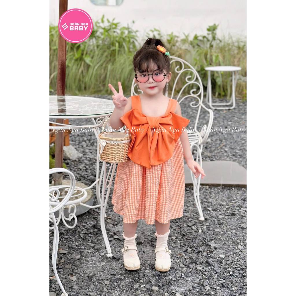 Váy Thiết Kế Caro Cam Phối Nơ Ngực Siêu Dễ Thương, Đầm Tiểu Thư Chất Đẹp Xịn Ngân Nga Baby