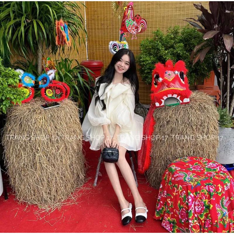 Đầm thiết kế trễ vai nơ bản to chất tơ tay phồng MPB tiểu thư