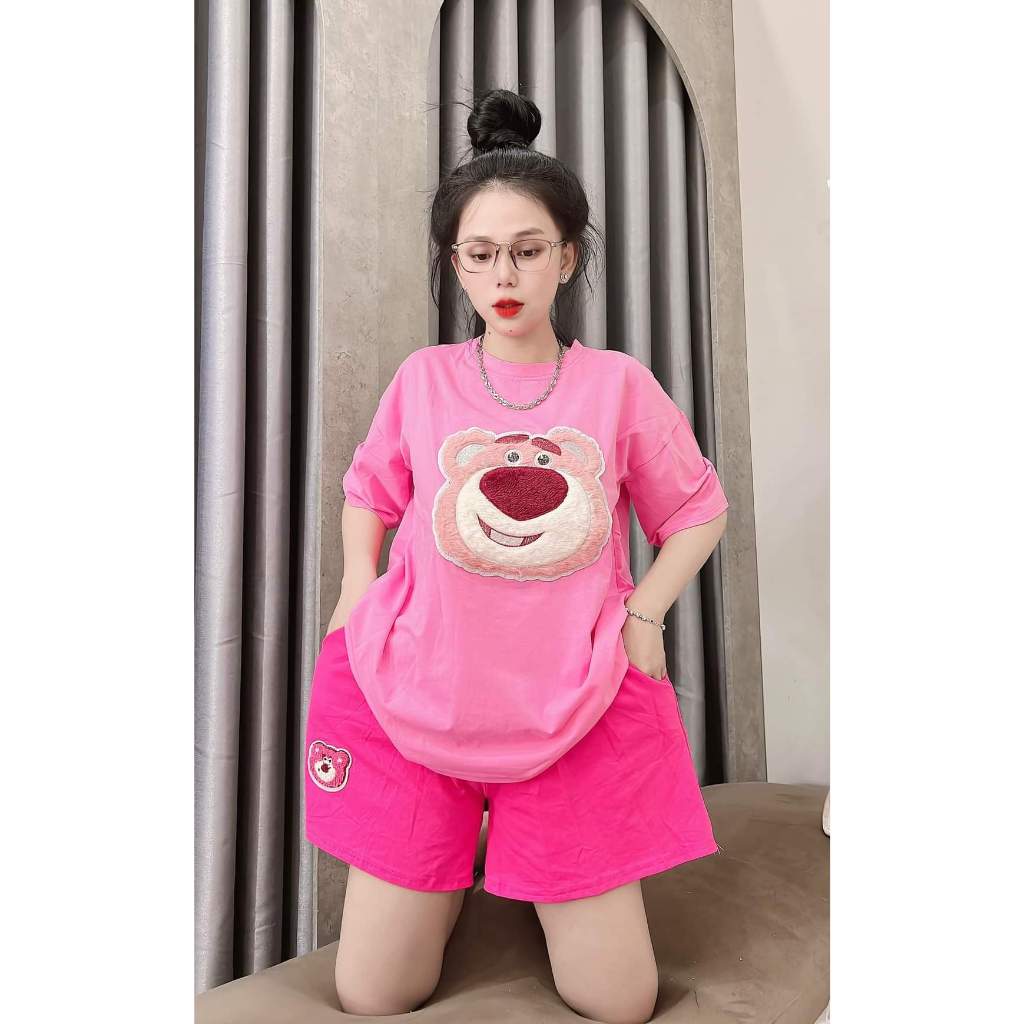 Set Đùi Cotton Áo Thêu Gấu Mặc Nhà Bigszie