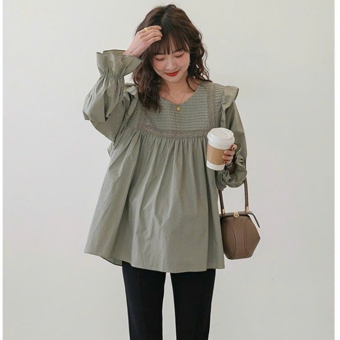 Áo Tay Dài Cổ Dập Ly Mặc Bầu Và Sau Sinh Dáng Baby Doll