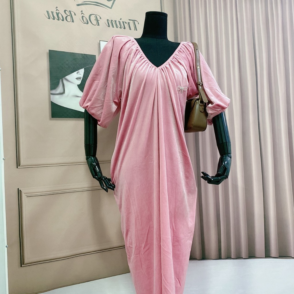 Váy Nhung Cổ V Tay Bồng Mặc Bầu Và Sau Sinh Kèm Tang Nơ Siêu Điệu