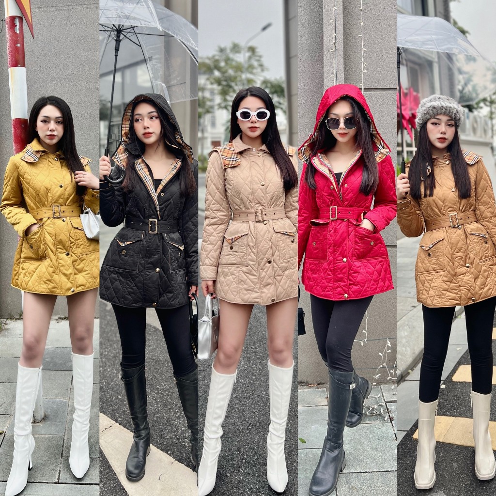 Áo Phao nữ BBR trần trám dáng lỡ có đai eo túi hộp nắp túi phối kẻ trần bông hàng QUẢNG CHÂU cao cấp thu đông 2023