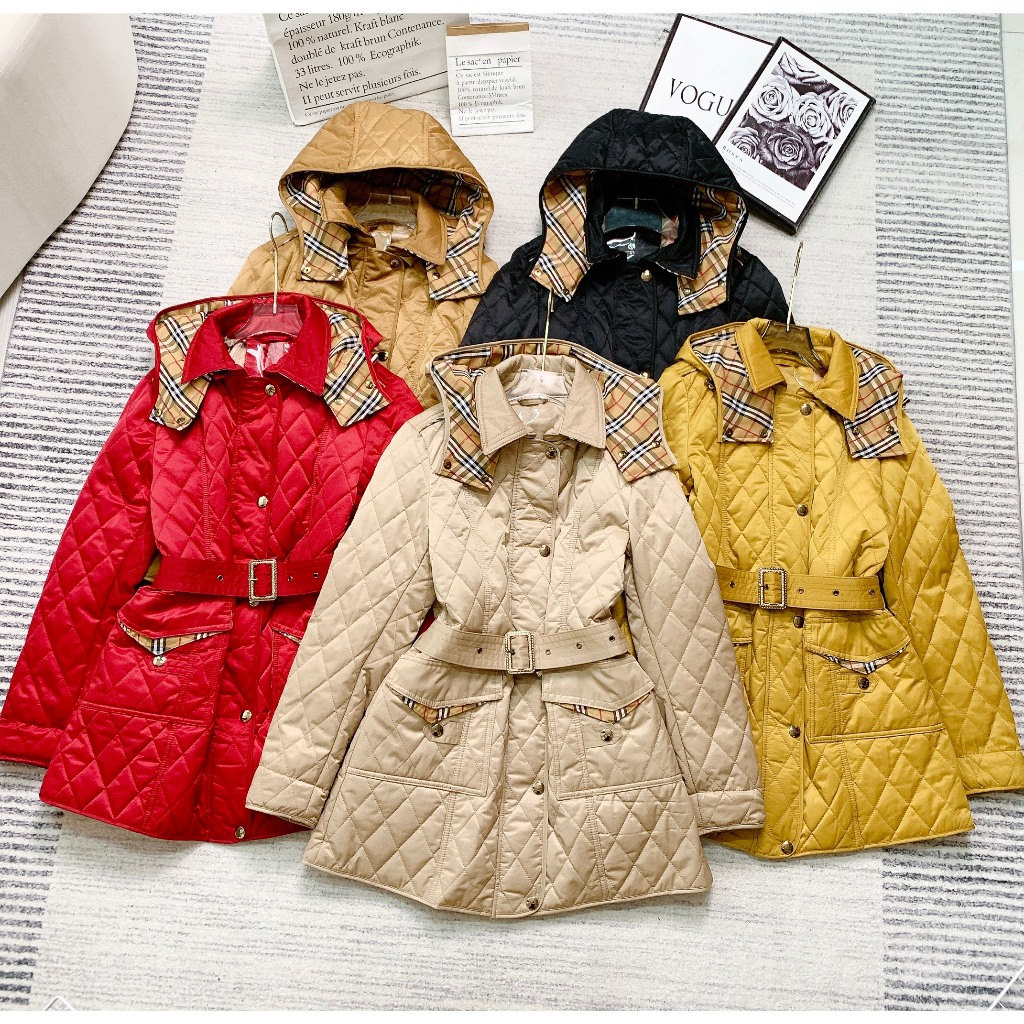 Áo Phao nữ BBR trần trám dáng lỡ có đai eo túi hộp nắp túi phối kẻ trần bông hàng QUẢNG CHÂU cao cấp thu đông 2023