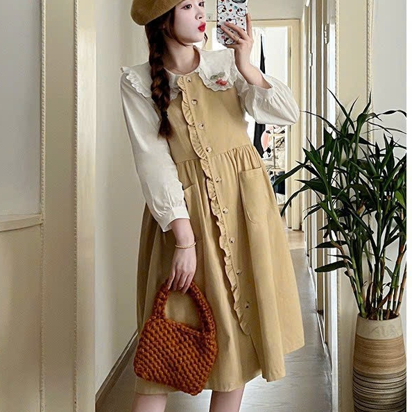 Váy Yếm Dài Tay Mặc Bầu Và Sau Sinh Có Túi Tiện Dụng