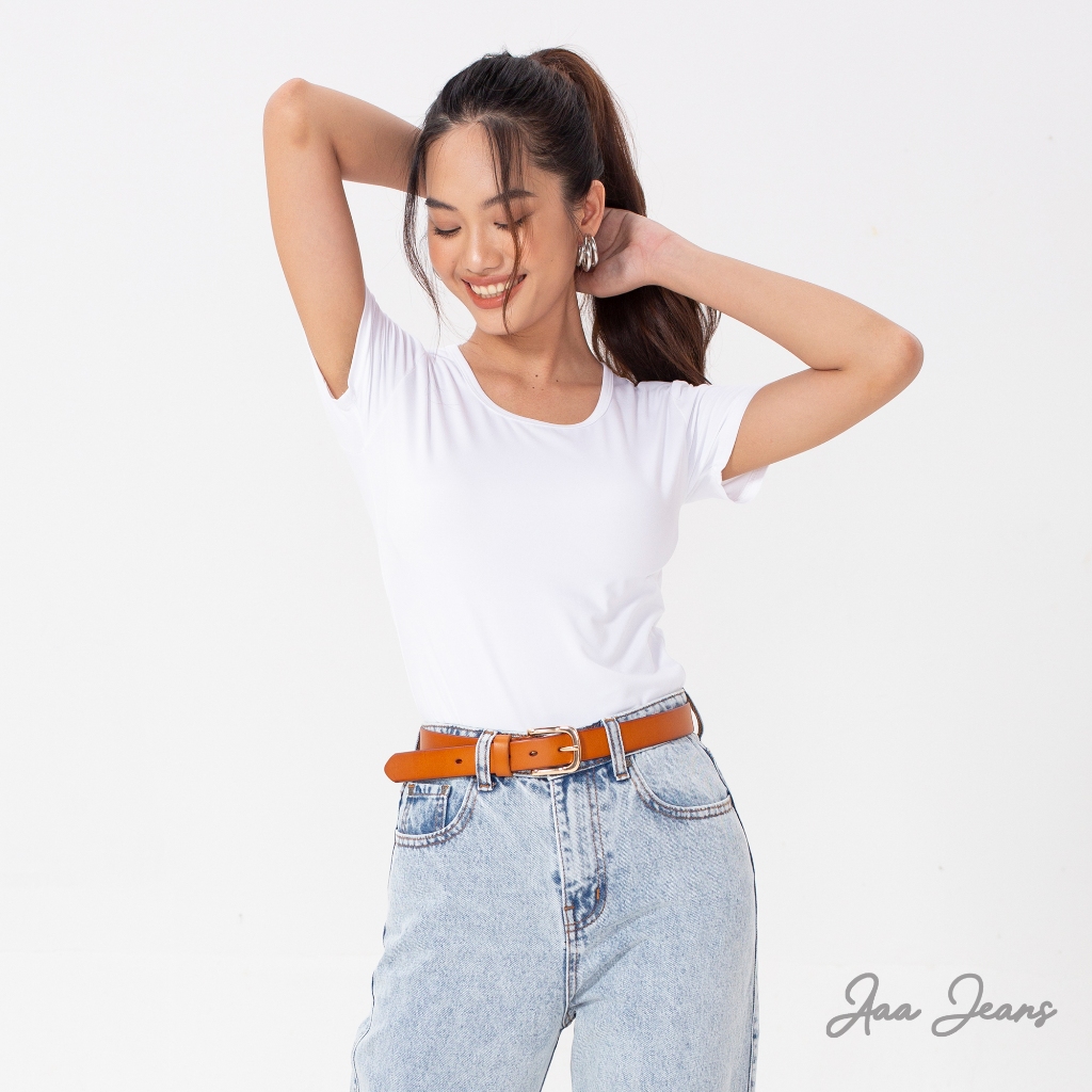 Áo Thun Nữ Trắng Tay Ngắn Cổ Tròn Aaa Jeans Vải Modal Gỗ Sồi