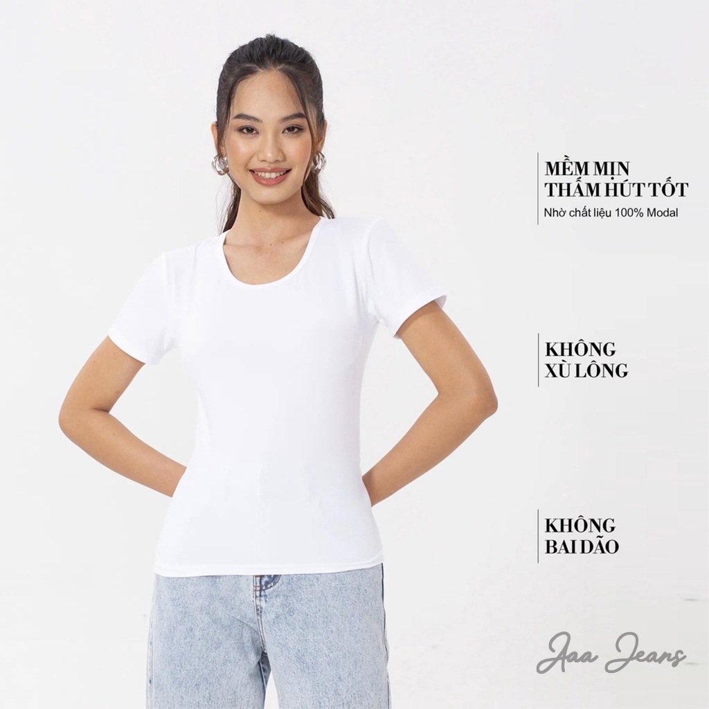 Áo Thun Nữ Trắng Tay Ngắn Cổ Tròn Aaa Jeans Vải Modal Gỗ Sồi