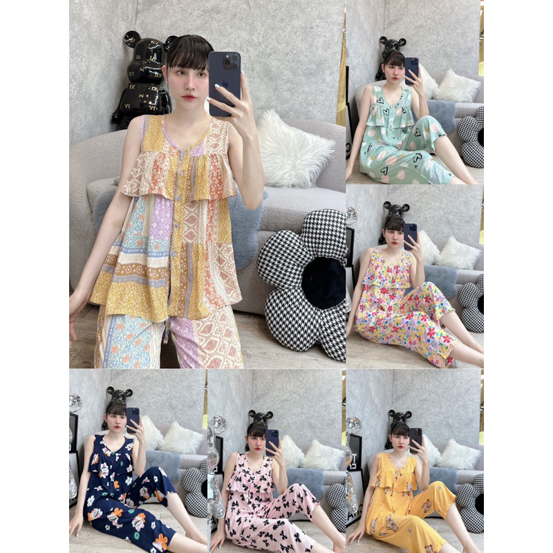 Đồ bộ tole nữ, bộ lanh mặc nhà áo babydoll bèo ngực, gài nút quần 8 tấc F21 VNXK