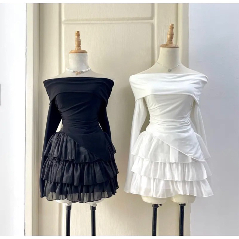 Set áo trễ vai lưới tiểu thư mix chân váy tơ tầng Helena