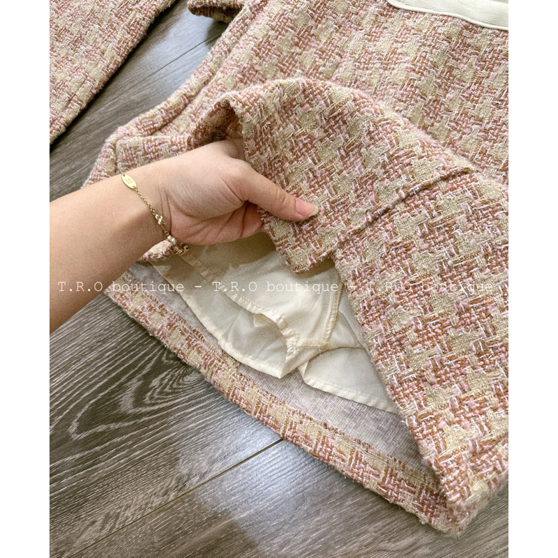 Set dạ tweed 3ct khuy tim QC
