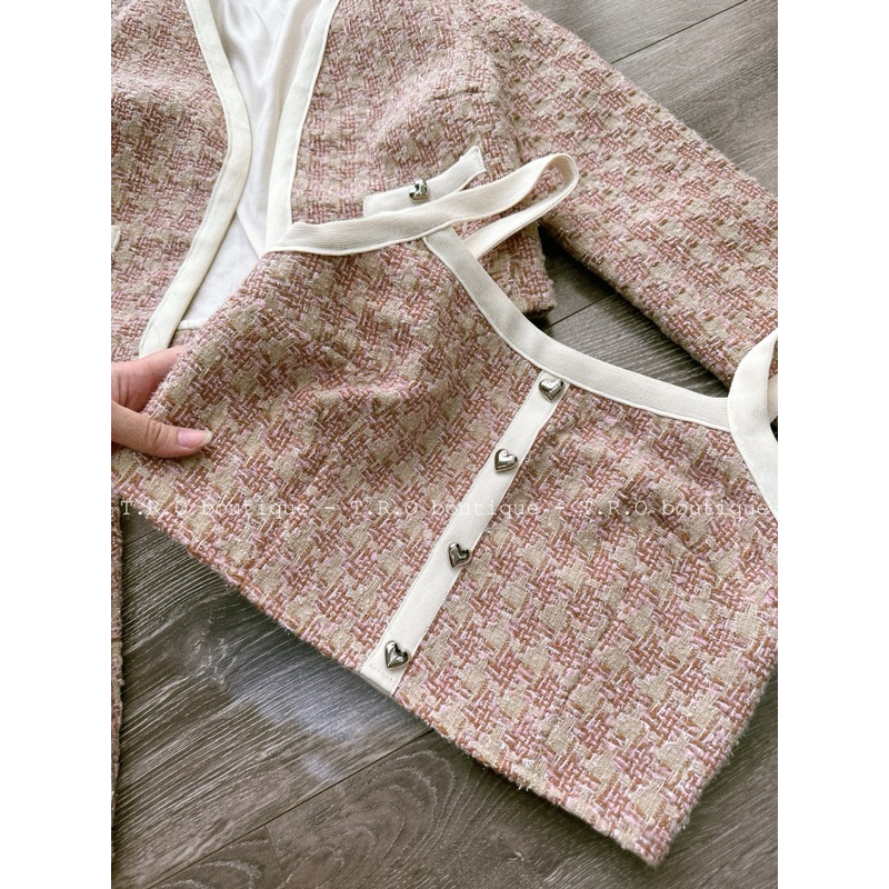 Set dạ tweed 3ct khuy tim QC