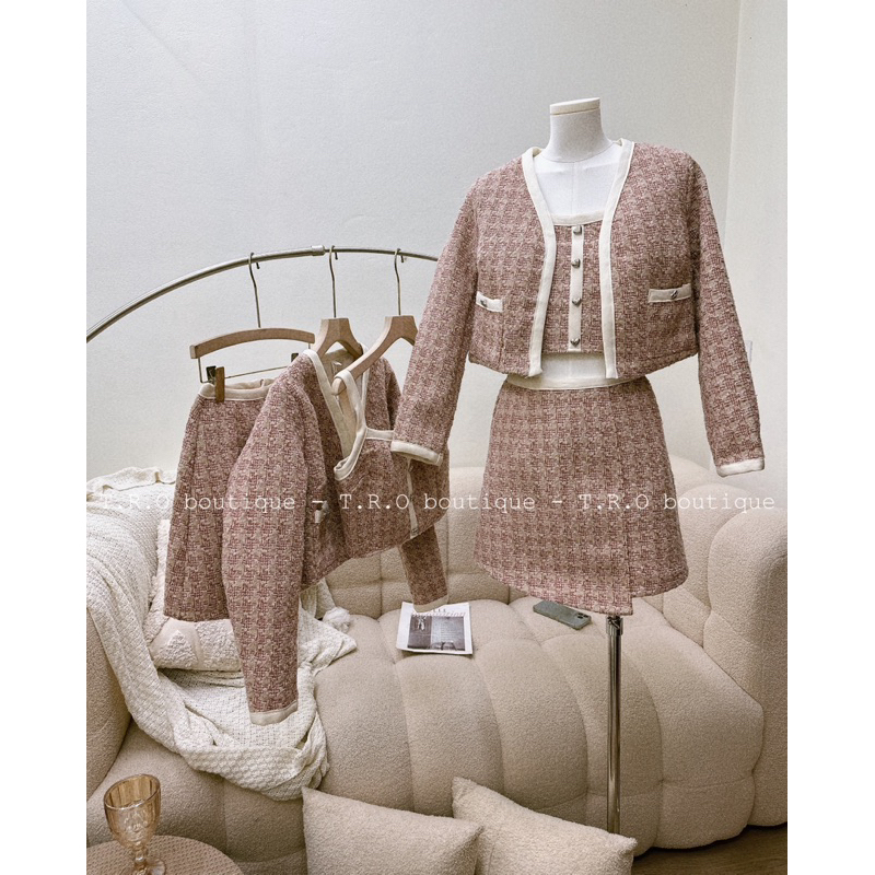 Set dạ tweed 3ct khuy tim QC