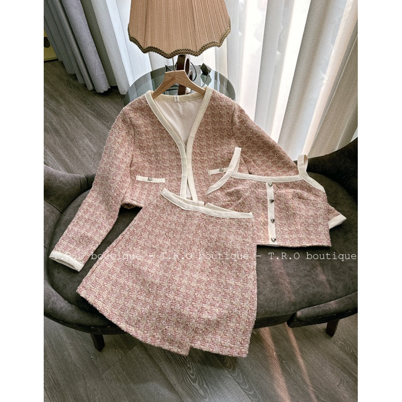 Set dạ tweed 3ct khuy tim QC