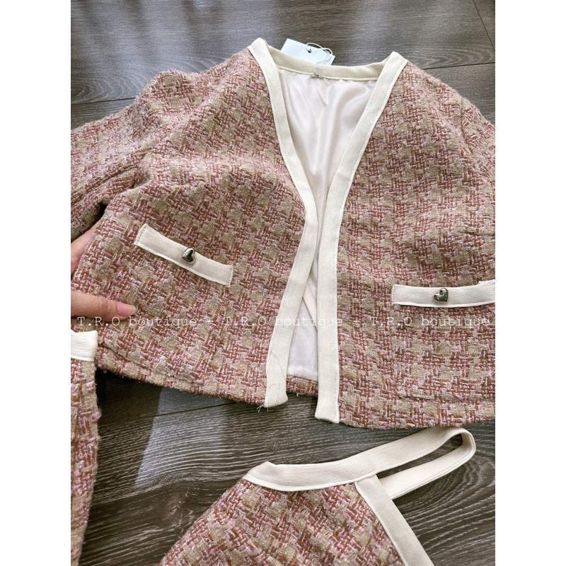 Set dạ tweed 3ct khuy tim QC