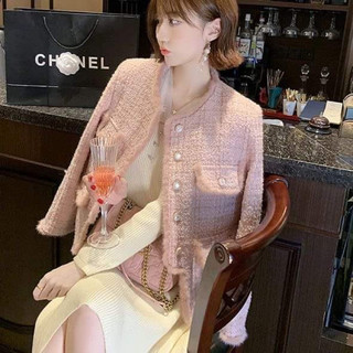 Áo khoác dạ tweed hồng trần bông 3 lớp phối viền lông