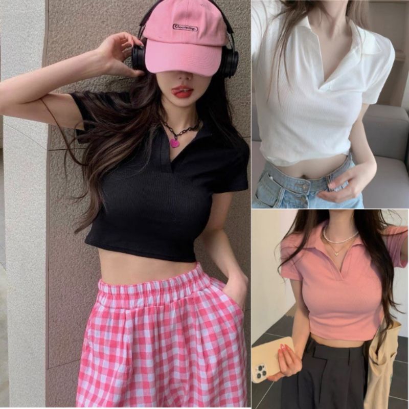 Áo Croptop nữ tay ngắn cổ bẻ V kiểu áo thun nữ ôm dáng 🌸