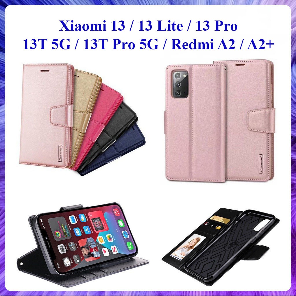 Bao da dạng ví Xiaomi 13, 13 Lite, 13 Pro, 13T 5G, 13T Pro 5G, Redmi A2, A2+ hiệu Hanman, ngăn đựng thẻ tiền tiện lợi