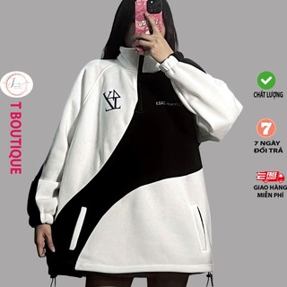 Áo Khoác Nỉ Ngoại Form Rộng ULzzang Phối Thân Dây Dây Kéo Ngực Cổ Bẻ Chất Dày Dặn Mềm Mịn Thoáng Mát